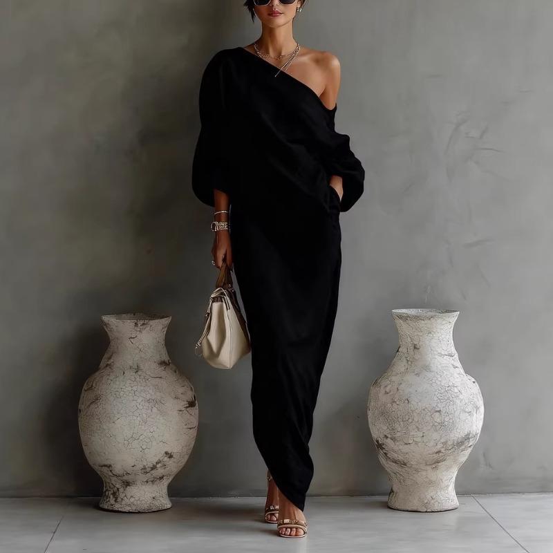 

Summer fairy new Chinese zen niche design temperament retro one-word shoulder loose long dress XXL чорний