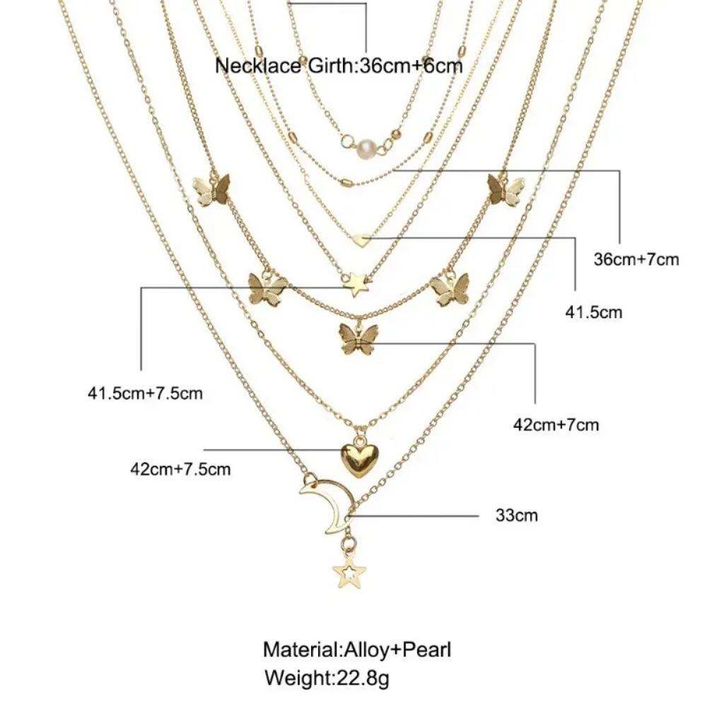 6-teiliges Halsketten-Set mit schlichtem Temperament, schönem Schmetterling, Stern und Mond, beliebtes Damen-Halsketten-Set für Frauen