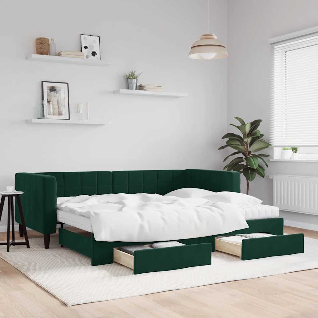 Expandable Daybed with Drawers Dark Green 90x200 Cm Velvet