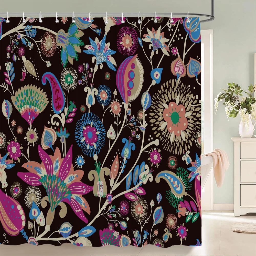 Indian  Bohemian Fabric Shower Curtain Bathroom Curtains Boho Mandala Waterproof Fabric Bath Screen Bathtub Decor with 12 Hooks