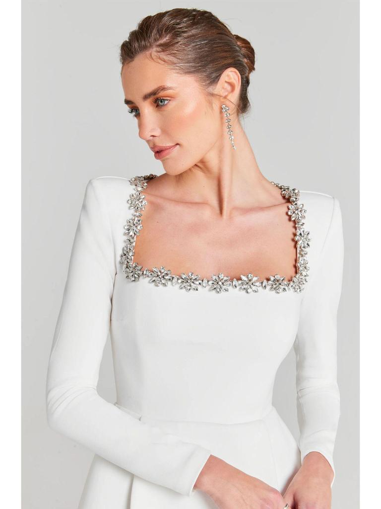 Letnia Damska Sukienka Wieczorowa A-Line z Długim Rękawem i Kwadratowym Dekoltem z Cyrkoniami