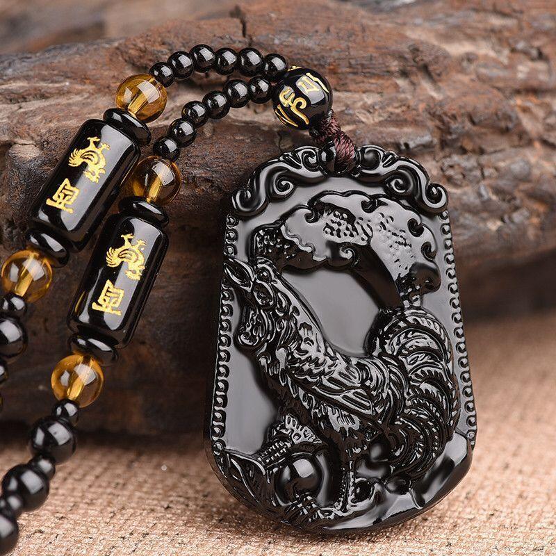 Fashion Chinese Style Zodiac Obsidian Carving Animal Horse Pendant Charm Men and Women Couple Amulet Necklace