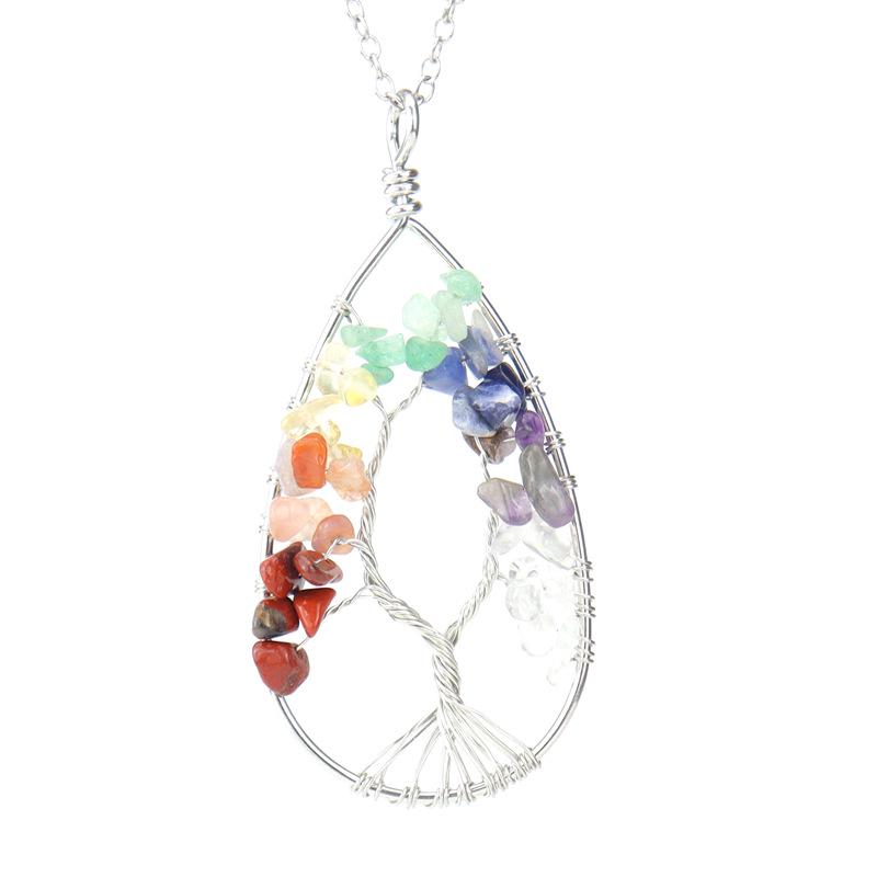 Silver Tree of Life Necklace with Seven-Color Natural Stone and Crystal Water Drop Pendant