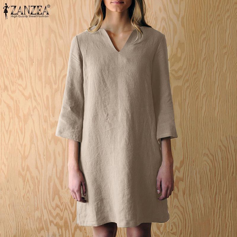 

ZANZEA Женский Повседневный V-образный вырез 3/4 Рукав Летнее хлопковое платье