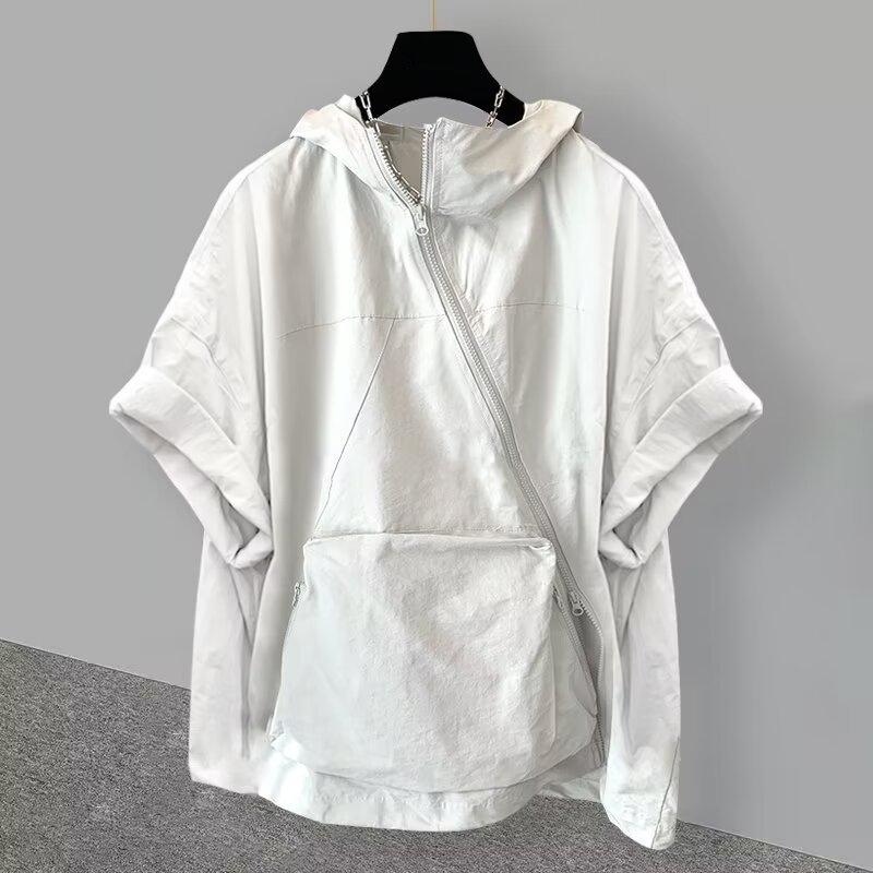 

Мужская модная футболка с коротким рукавом, капюшоном, застежкой-молнией и большим карманом - корейский летний стиль 3X Large белый