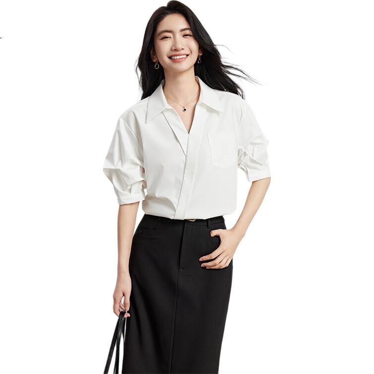 Bodexiaojie Blue Stylish Luxury V-Neck Shirt for Women, Summer Commute Daily Short-Sleeve Top, Professional Petite Interview Blouse