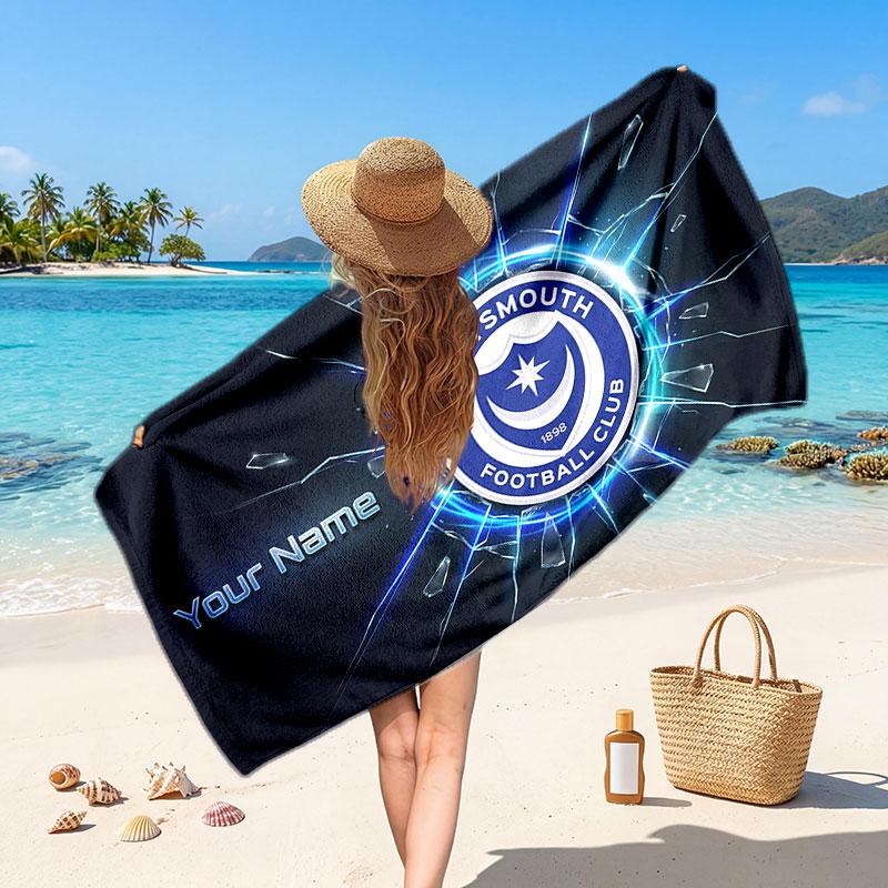 Portsmouth FC Custom Beach Towel, Personalized Name Text Print, Football Logo Soft Quick‑Dry Towel Holiday Gift