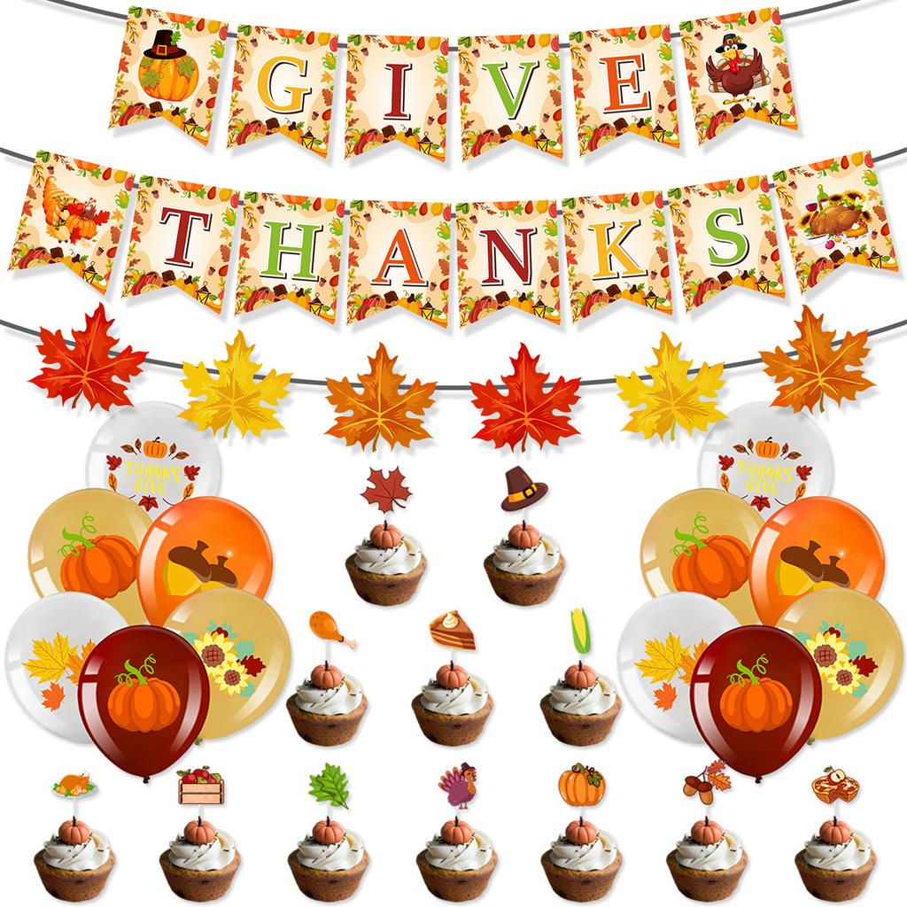 Thanksgiving Decoration Autumn Maple Leaf Pumpkin Flag Balloon Cake Card Set Customization