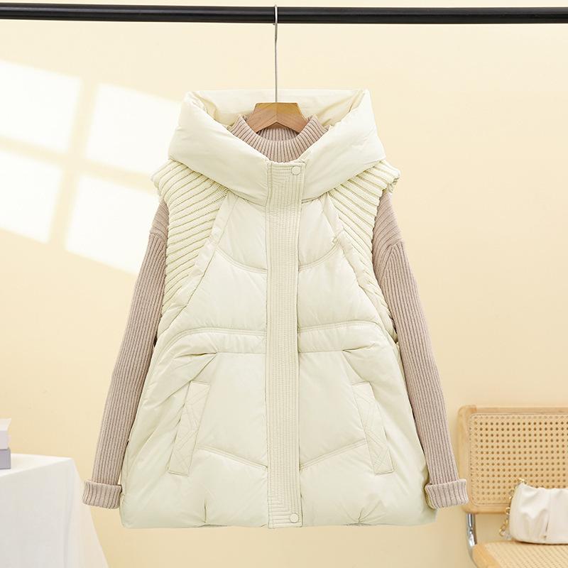 2025 autumn new down cotton vest women's short knitted splicing hooded vest cotton vest vest jacket tide