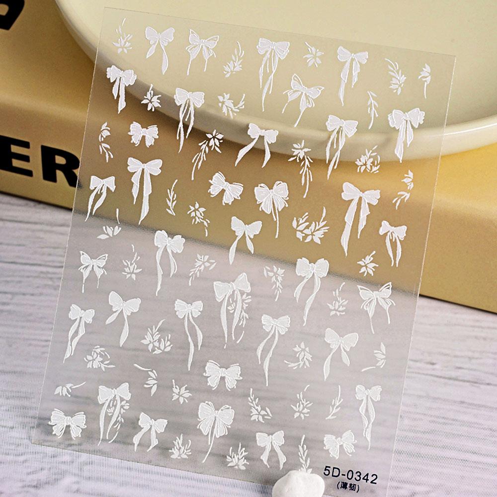 1PC 5D Embossed White Lace Bow Nail Art Stickers Cute Pink White Ribbon Bow Tie Nail Sliders Kawaii Bow Manicure Accessories TY9