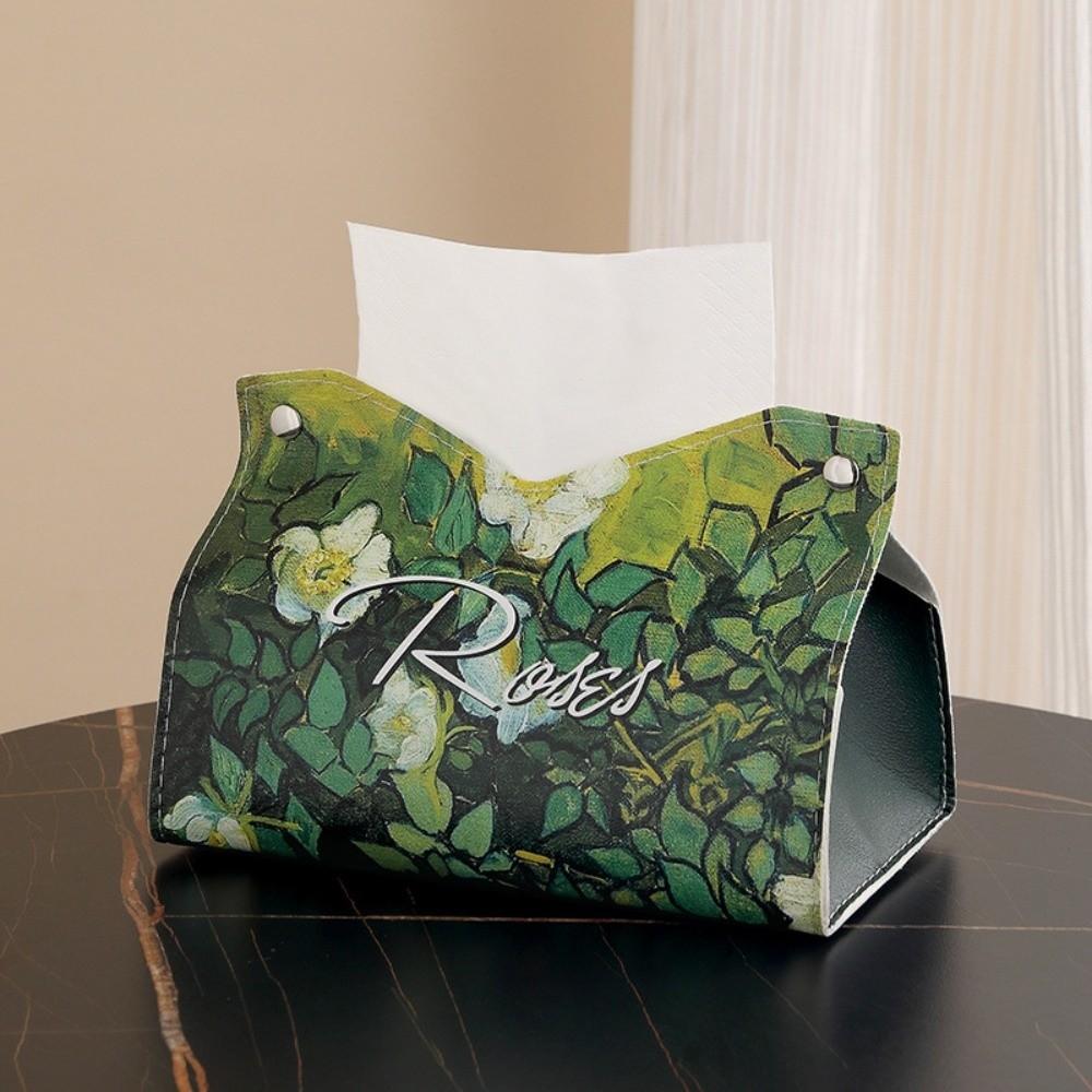 Vintage PU Leather Tissue Box Holder Oil Painting Durable Napkin Container Decorative Car Tissue Box Bathroom