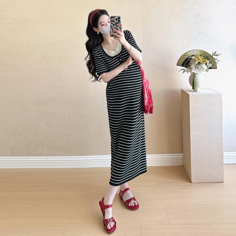 Real Shot: Summer 2026 Plus Size Striped Knit Maternity Dress - Fake Two-Piece Design XL