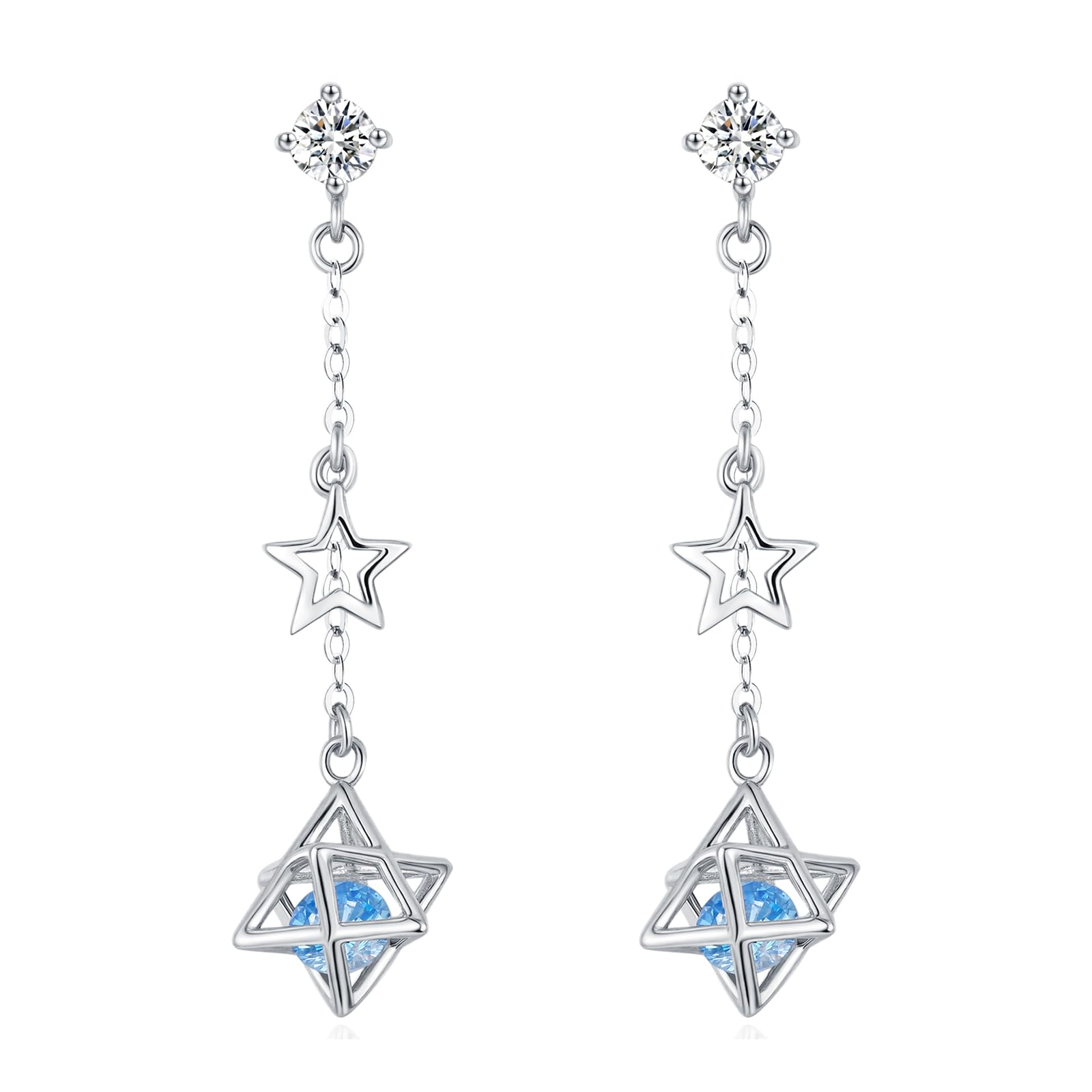 

lwoowl Star Silver Dangling Platinum Chain Gift for White Anniversary Women s Earrings, Long, 925, Hypoallergenic, Earrings, Finish, Star, Gift,