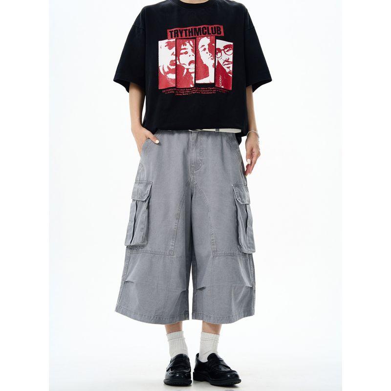 Kisko American Retro Washed Vintage Multi-Pocket Wide-Leg Cargo Pants for Men and Women, Summer Loose Straight-Leg Cropped Pants