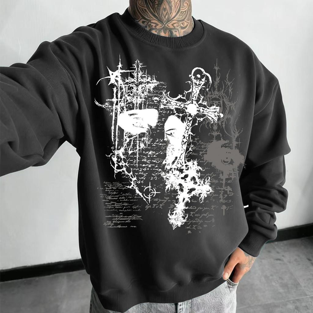 Thorn Cross Dark Fashion Style Men's Oversized Round-Neck Long-Sleeve Sweatshirt, Trendy Fashion Pullover
