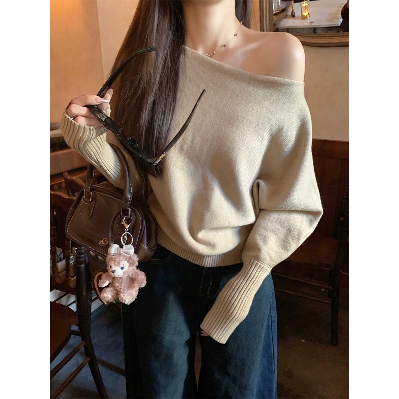 Pink gentle and sweet one-word neck slanted shoulder sweater loose bottoming shirt women's autumn and winter coat with top