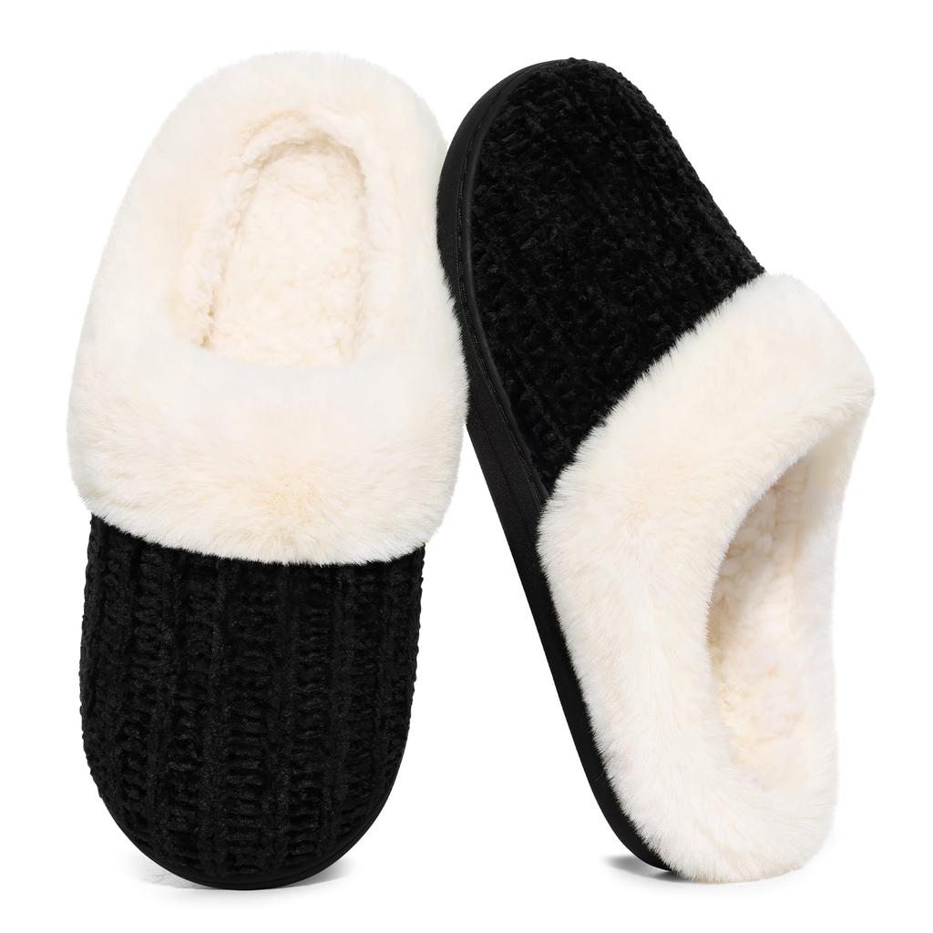 Fashion Shevalues Winter Plush Lining Slippers For Women Cozy Wool-Like Lined Chenille Slippers Memory Foam Fuzzy Warm Indoor Slippers