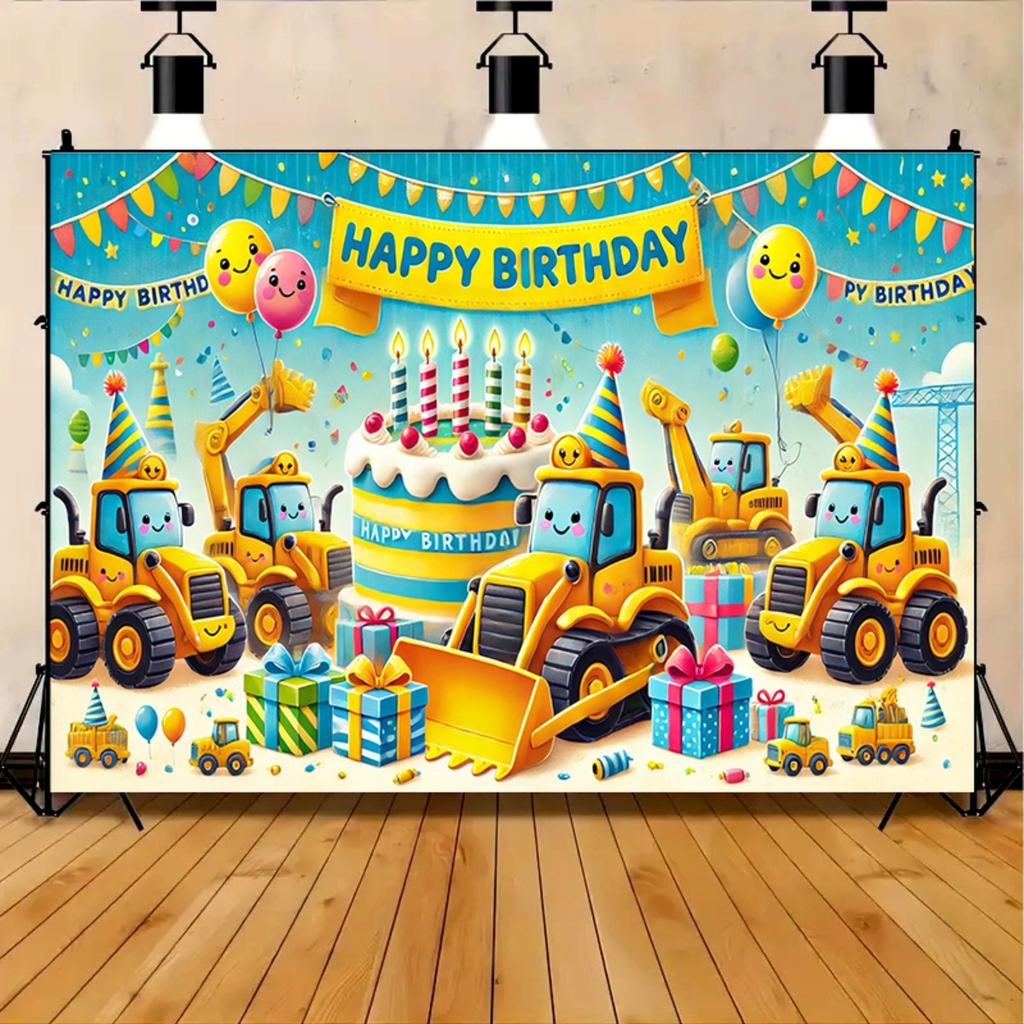 Sfondo per festa di compleanno a tema architettonico, banner resistente, sfondo escavatore