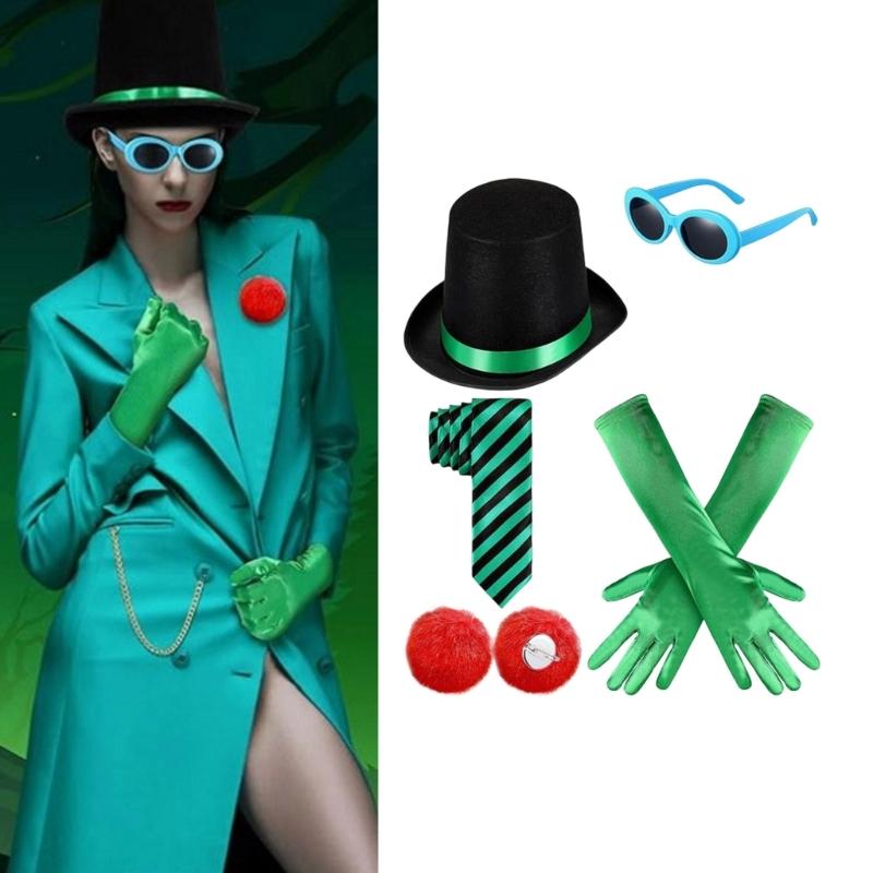 Accessori Costumi Cosplay Con Cappello di Feltro Guanti Lunghi Occhiali Papillon Spilla per Eventi di Role Playing Feste di Halloween