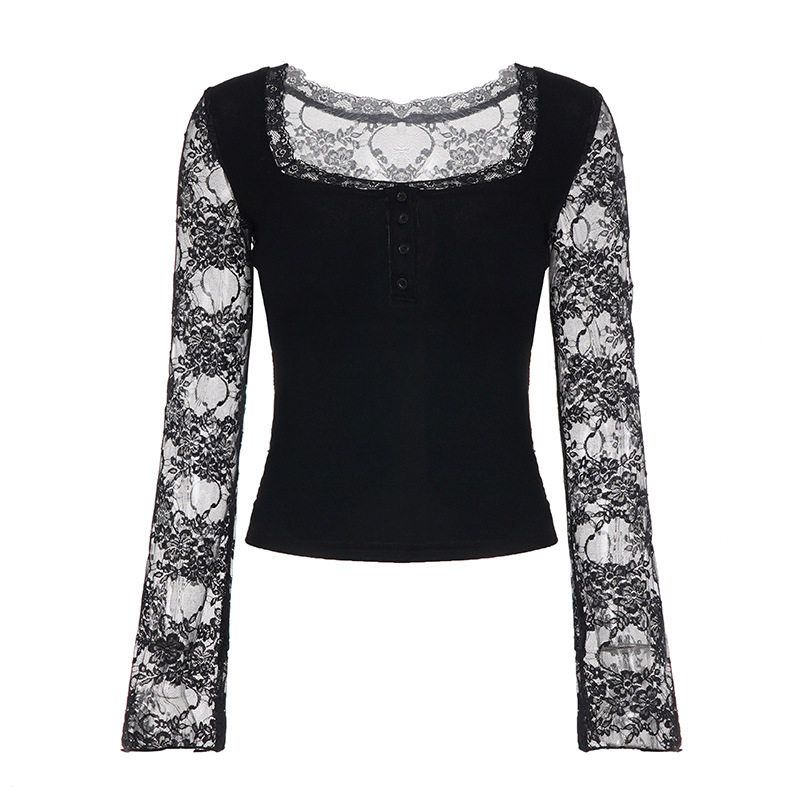 2026 Summer New American-Style Personality Spicy Girl Sexy Long-Sleeve T-Shirt with Lace Splicing and Hollow-Out Black Square-Neck Top