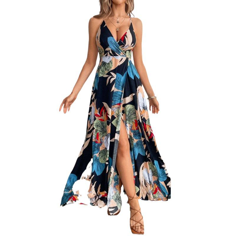 Tropical Print High Slit Strap Dress - European & American Style