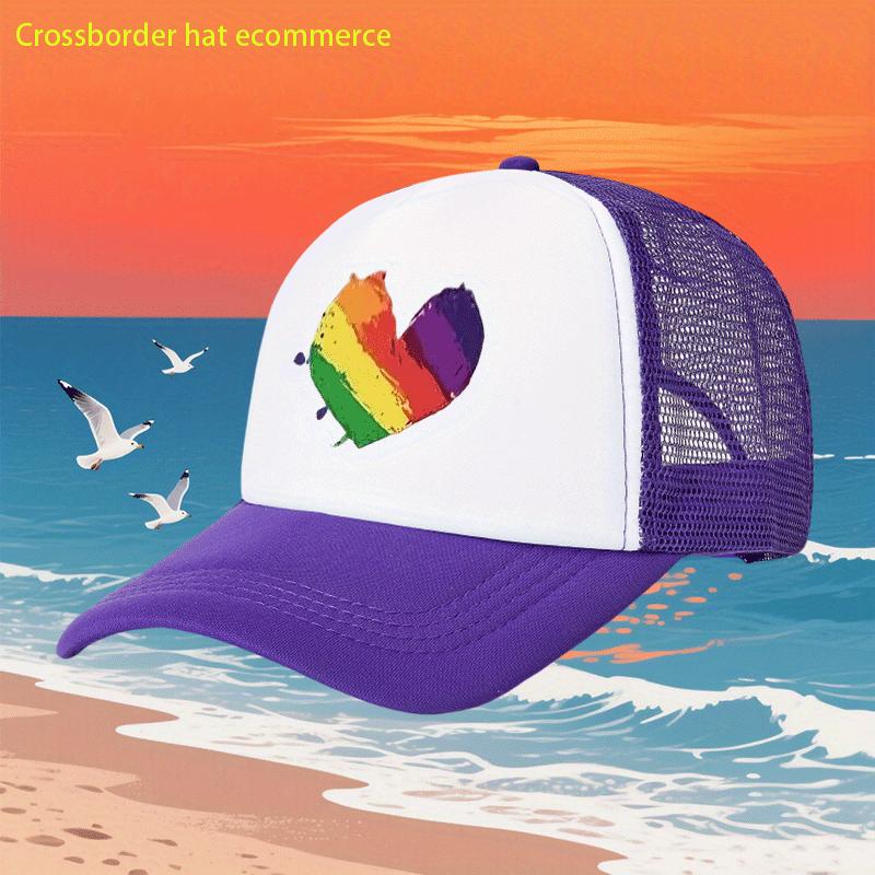 Rainbow Heart Print Breathable Mesh Trucker Hat Adjustable Polyester Casual Baseball Cap for Adults