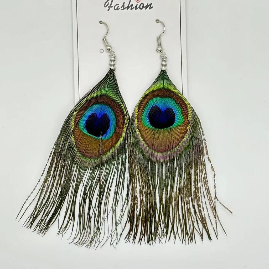 Vintage Cartoon Owl Peacock Feather Long Tassel Earrings Bohemian Ethnic Vacation Jewelry For Women