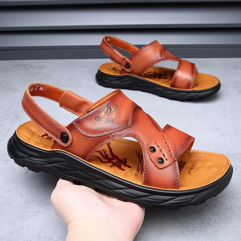 Men's cool leather shoes summer 2025 new breathable leather soft-soled non-slip beach shoes casual wear cool slippers