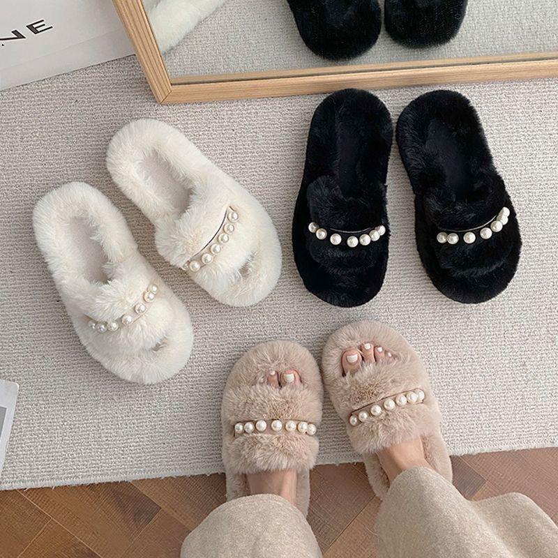 ins fluffy slippers women's autumn and winter wear 2025 new Internet celebrity fluffy plush thick bottom heightened one-word cotton tow