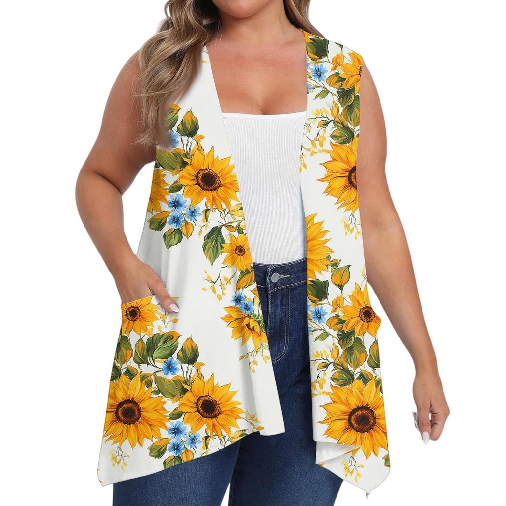 Women's Oversized Loose Casual Printed Sleeveless Vest With Pocket Cardigan Jacket Cardigan Jacket
