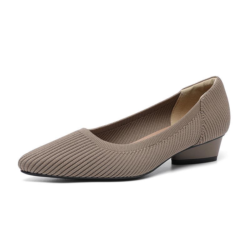 B35-3 Pointed Toe Low-Cut Chunky Heel Breathable Plus Size Striped Knit Shoes