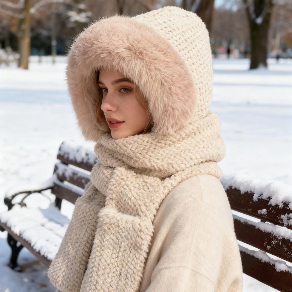 Women's Scarf Hat Set, Winter Scarf, Windproof, -Lined, Cute Hat Scarf, Gloves