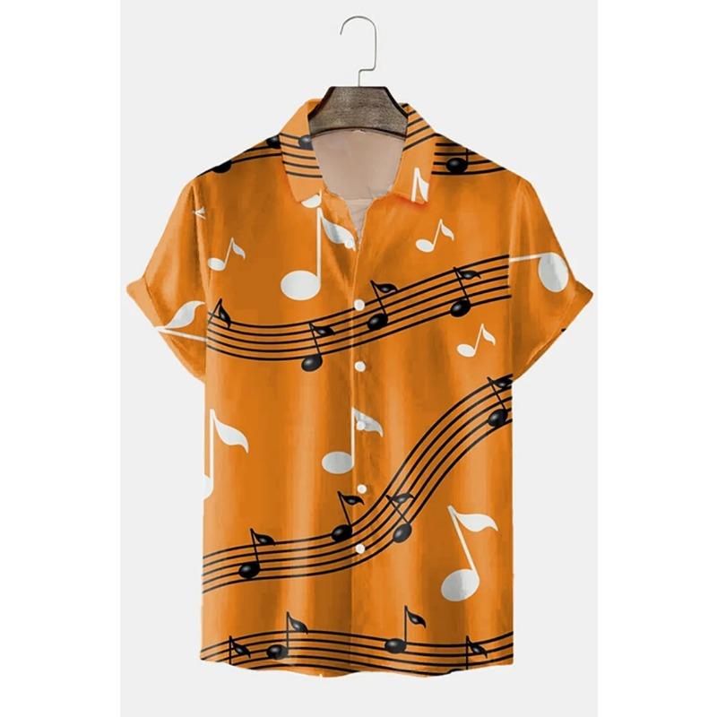Men's Casual Shirt 3D Music Note Printed Hawaiian Men's Short Sleeve Lining