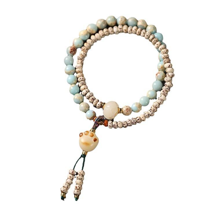Authentic Chinese-style Fresh and Elegant Double-ring Star-moon Bodhi and Shoushan Stone Cat Paw Bracelet, Trendy Chinese-style Hand Chain
