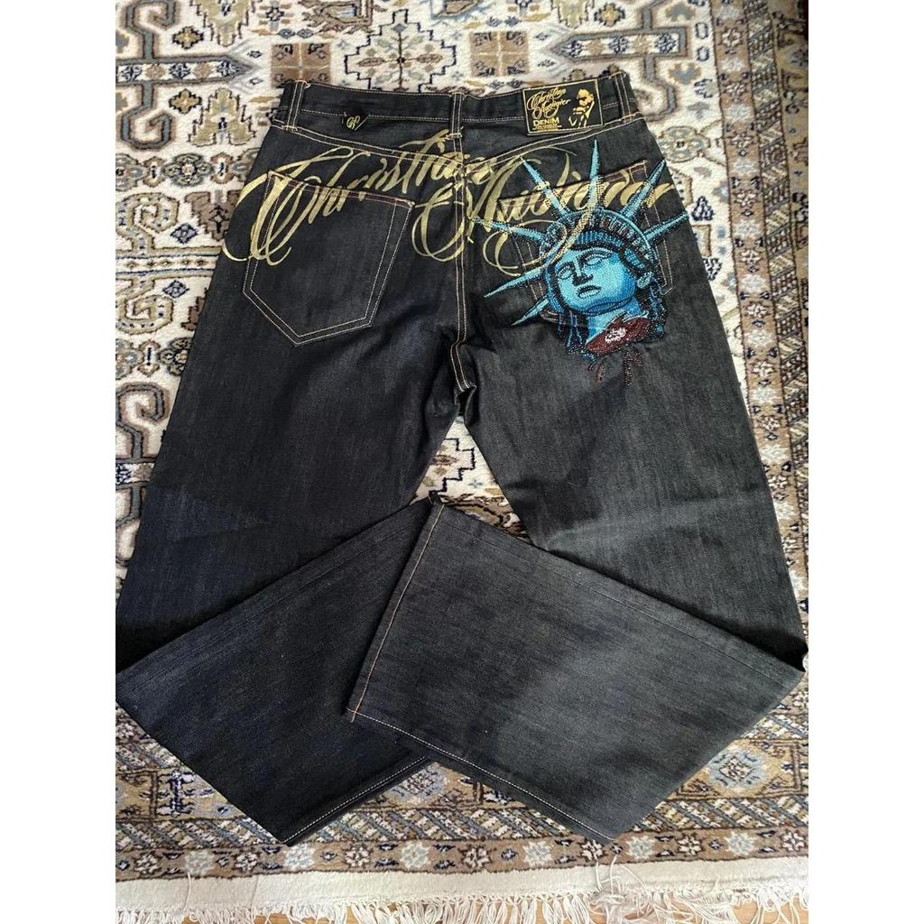 BeatStreet Vintage Statue of Liberty Diamonds Jeans Casual Denim Pants High Waist Straight Wide Leg Jeans Harajuku Y2k 2000s Women Clothing