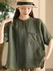 Johnature Women Vintage Patchwork Pockets T-Shirts O-Neck Short Sleeve Solid Color Summer Loose Casual T-Shirts