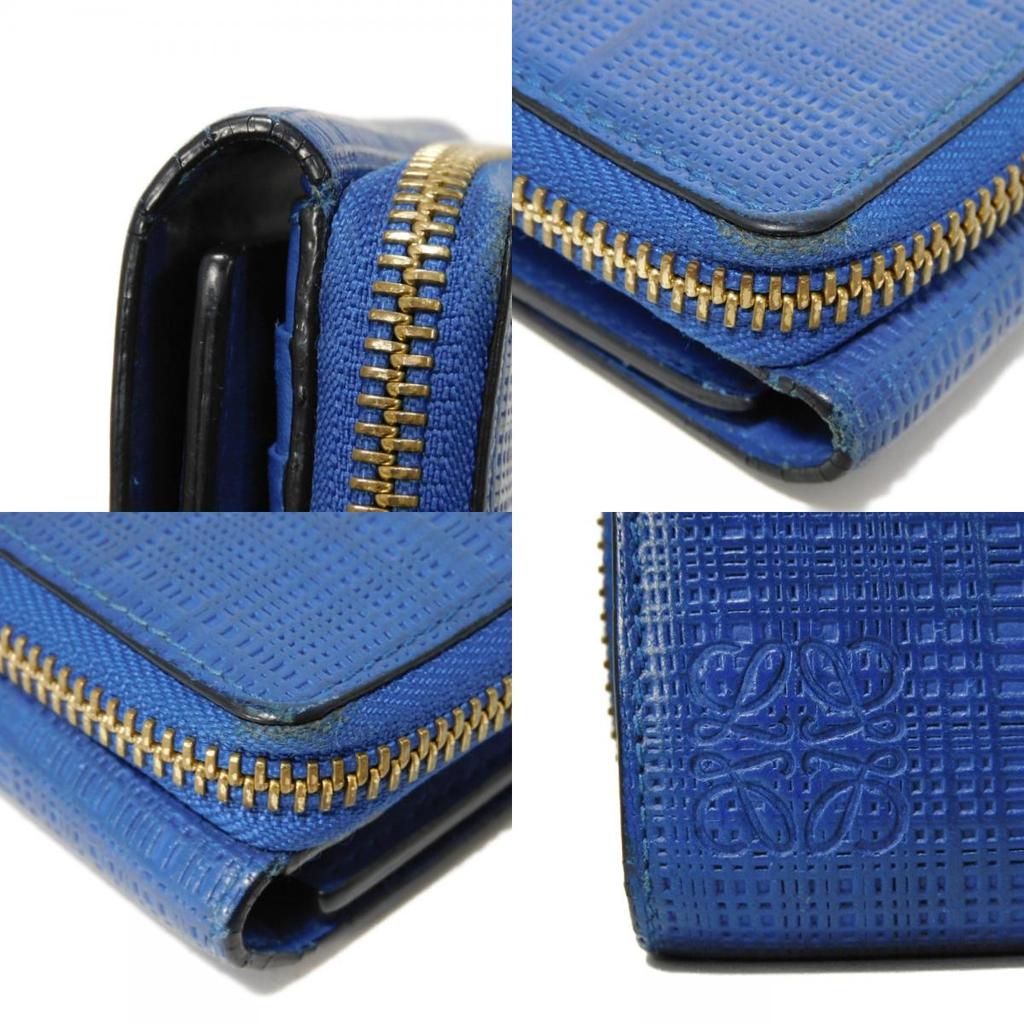 Used 12695 Linen Zip Compact Wallet 7942 Textured Calfskin Zip Around Anagram Embossing Blue Unisex from Japan AUTHENTIC