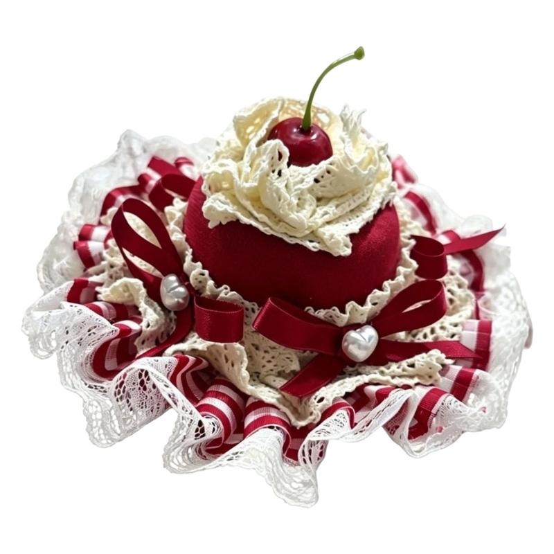 Lace Hairband Hair Barrette with Red Cream Styling and Fabric Ribbon Finish for Decorative Outfit Coordination and Photo Use