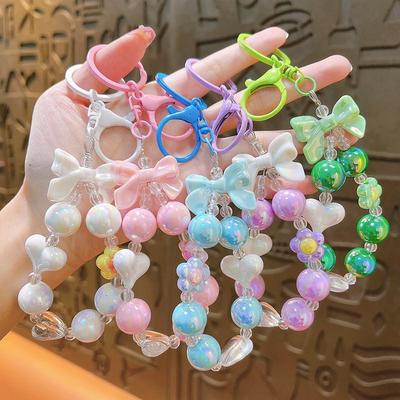Cute Cartoon Beaded Lanyard & Wrist Strap with Keyring and Bag Charm for Little Girls