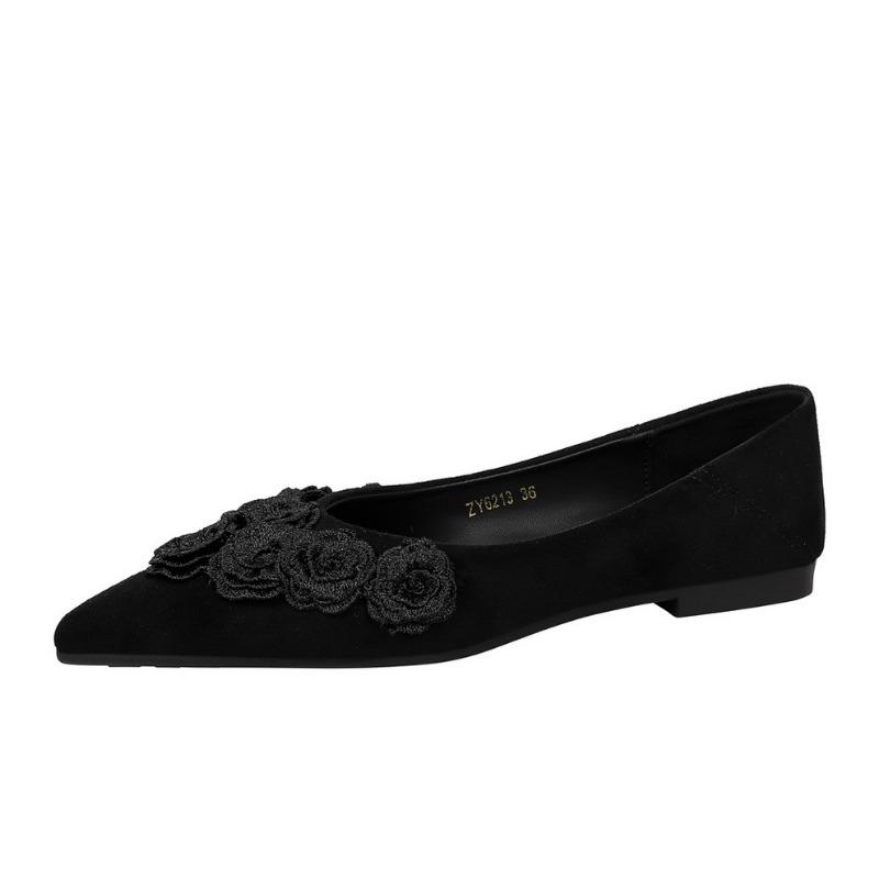 Women's Pointed Toe Suede Flats with 3D Floral Decor Slip-on Elegant Casual Shoes