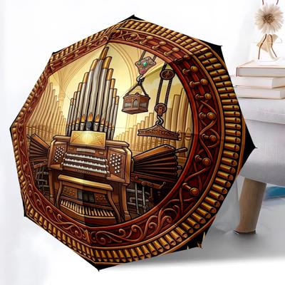 Golden Organ Symphony Pattern Umbrella, Portable and Foldable Design, 8 Ribs, a Casual Accessory for Halloween, Christmas, and Birthday Gifts.