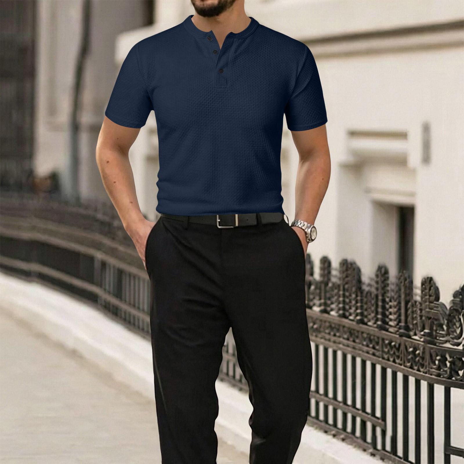 Мужская футболка-henley с коротким рукавом, летняя, из ледяного шелка, легкая, повседневная, с пуговицами спереди и дизайном XL тёмно-синий