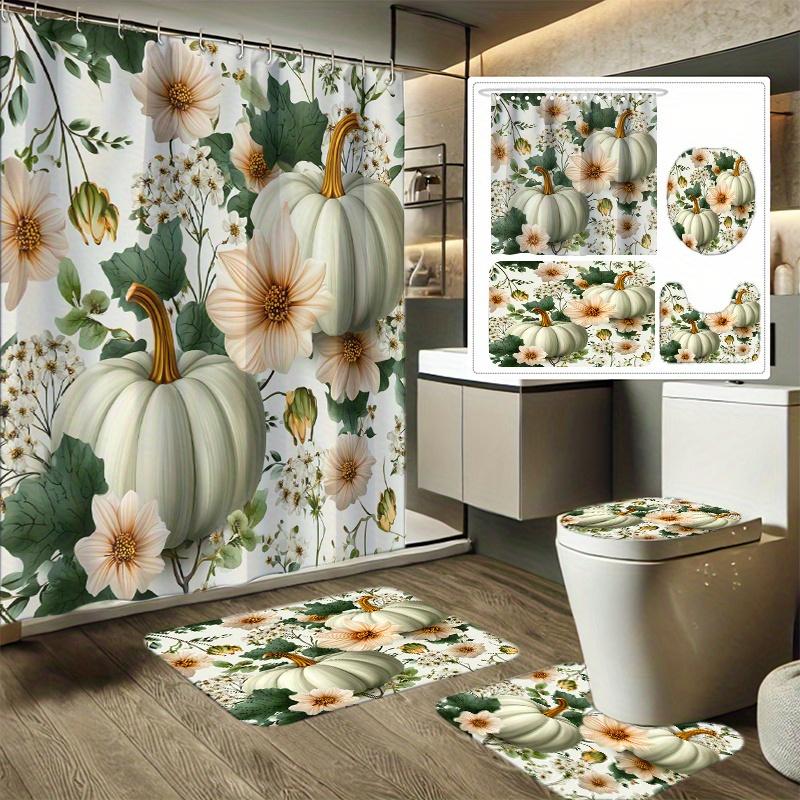 

4pcs Autumn Pumpkin Floral Print Bathroom Set, Includes Shower Curtain with Hooks, Non-Slip Mat, Toilet Lid Cover, and 12 Plas 90x180cm