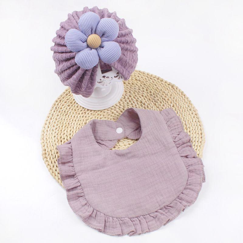 2Pcs Baby Hat Bibs Set Cute Flower Newborn Girl Turban Cap Gauze Ruffle Bib Soft Elastic Infant Toddler Beanie Headwraps