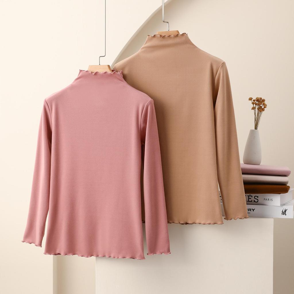 Women's Nano Fleece High Neck Ruffle Long Sleeve Warm T-shirt