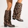 Modische Langstiefel mit Leopardenmuster für Damen Winter High Heels Knielange Stiefel Damen Übergröße 42 Zum Hineinschlüpfen Dicke Absätze Botas