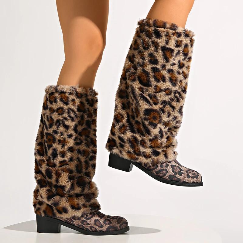 Modische Langstiefel mit Leopardenmuster für Damen Winter High Heels Knielange Stiefel Damen Übergröße 42 Zum Hineinschlüpfen Dicke Absätze Botas