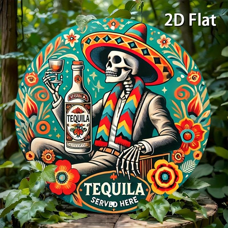D Flat Twodimensional Flat Style Vintage Round Aluminum Sign Tequilathemed Metal Muralvibrant Mexican Decor Designsuitable