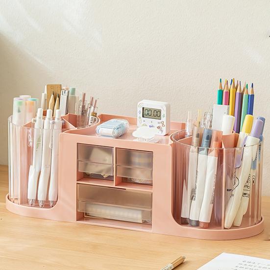 Pen Holder with Drawer Desk Organizer Transparent Rotatable Design Large Capacity Pencil Pen Holder Storage Box
