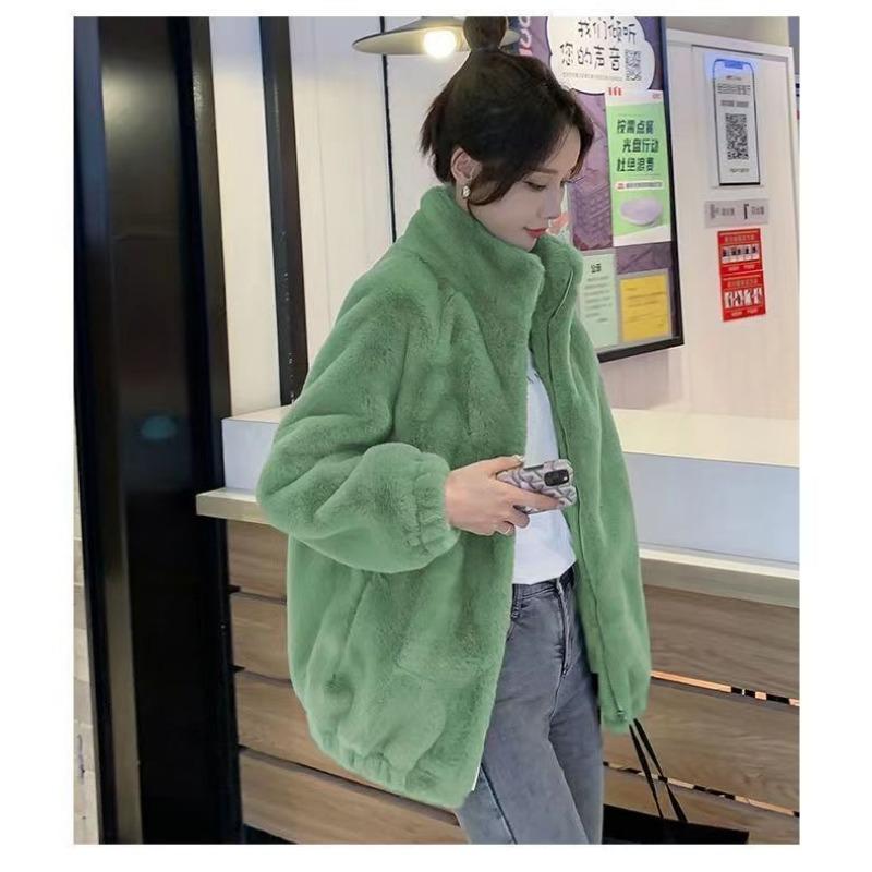Women Plus Size Fleece Lined Zip Up Stand Collar Loose Winter Coat